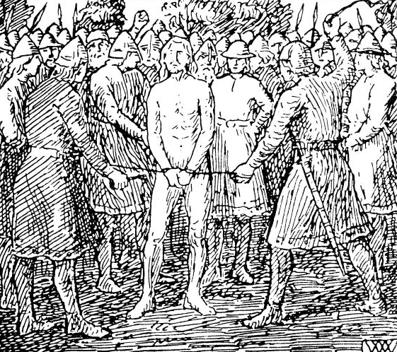 Sigurd Magnusson enchaîné - livré à ses ennemis avant son exécution - gravure de Wilhlem Wetlesen - fin du XIXe siècle